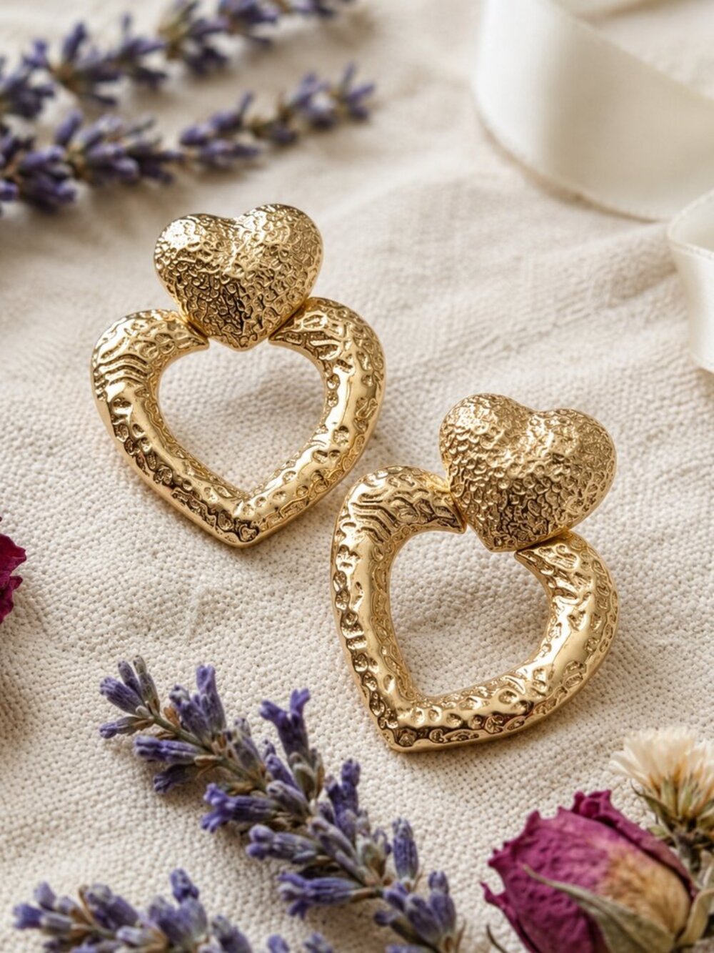 18K Gold Plated SS Coquette Mob Wife Double Heart Hammered Statement Studs 1.9in